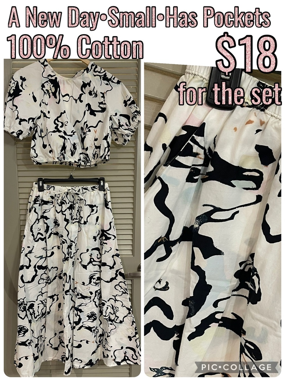 a new day White Two-Piece Set with Black Abstract Print